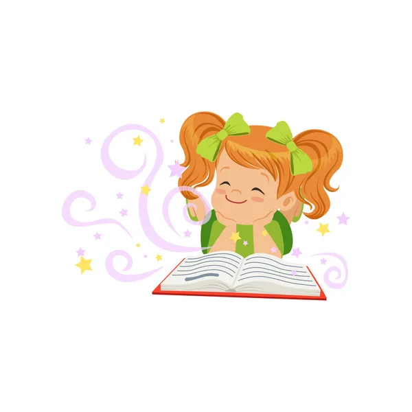 Μικρό παιδί ξαπλωμένη με μαγικό βιβλίο και το όνειρο του παραμυθιού. Παιδιά φαντασίας έννοια. Επίπεδη μωρό κορίτσι χαρακτήρα. Πολύχρωμο διάνυσμα εικονογράφηση — Διανυσματικό Αρχείο