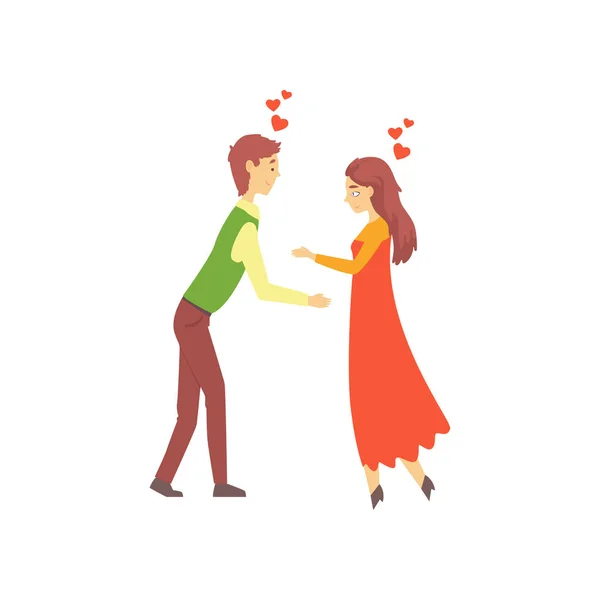 Pareja joven enamorada, chico y chica atraídos el uno al otro. Servicio de citas en línea o concepto de promoción del sitio web. Ilustración vectorial — Archivo Imágenes Vectoriales