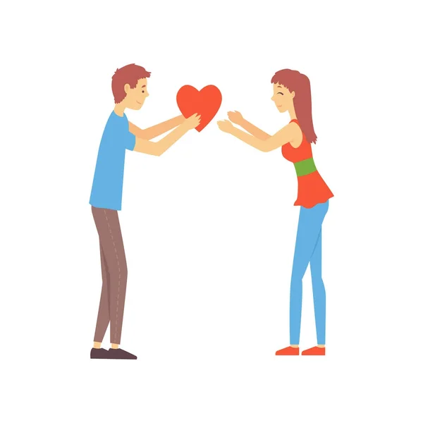 Chico joven dando su corazón a chica linda. Hombre y mujer atraídos el uno al otro. Amor chat concepto de promoción. Ilustración vectorial en estilo plano — Archivo Imágenes Vectoriales