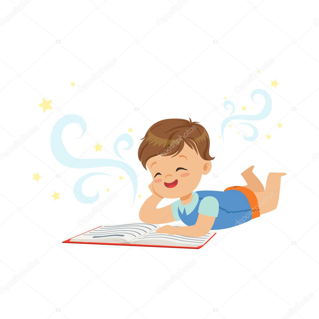 Funny little boy lying and reading magic book with fantasy stories. Interesting childhood and imagination concept. Isolated flat vector