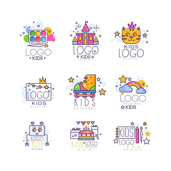 Logotipo de línea para niños. Paleta de pintura con pincel, castillo, gato, rodillos, arco iris con nubes, robot, pastel con regalos, almohadilla de dibujo y pluma. Diseño vectorial — Vector de stock
