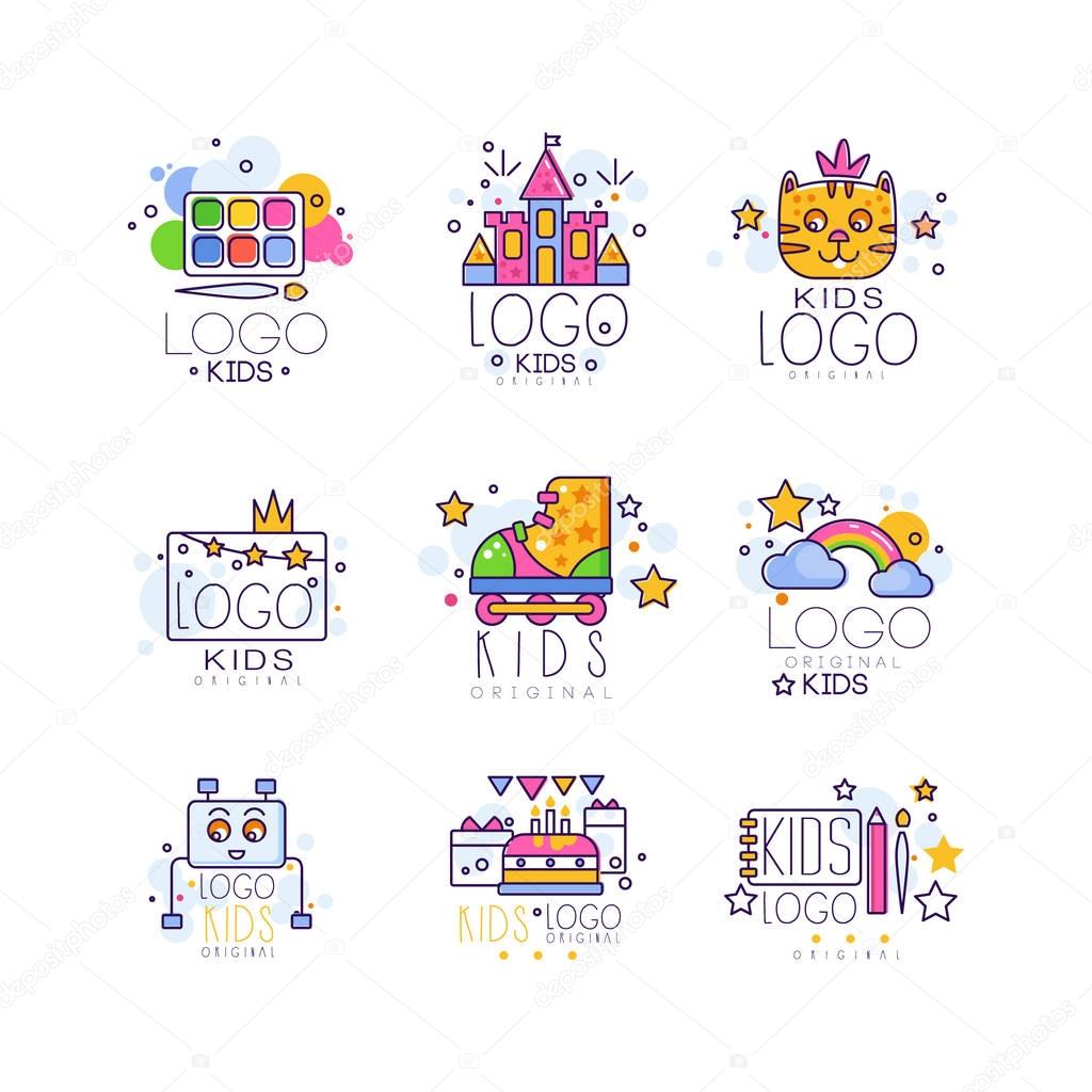 Kids line logo set. Colorful objects paint palette with brush, castle, rainbow with clouds, cake with gifts, drawing pad and pen. Vector for children learning center, event agency card, toy shop.