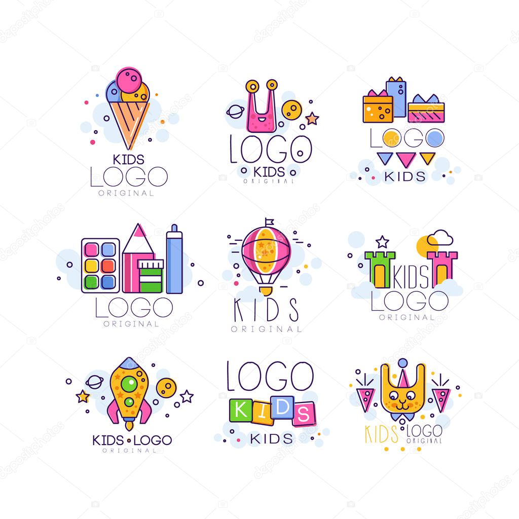 Creative kids logo set in line style. Colorful objects ice cream, alien, gift, air balloon, castle, rocket, cubes, bunny, paint and pencil. Vector design for children development center, toys store.
