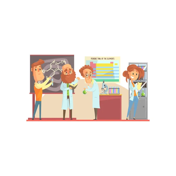 Group of men scientists and girl assistant in laboratory. Lab interior design with blackboard, table, cabinet, microscope, test tubes, periodic table. Isolated flat vector — Stock Vector
