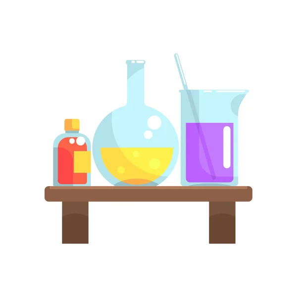 Produits chimiques de laboratoire dans la verrerie stand sur étagère en bois. Flacon, bécher et petite bouteille avec couvercle. Dessin animé vecteur plat — Image vectorielle
