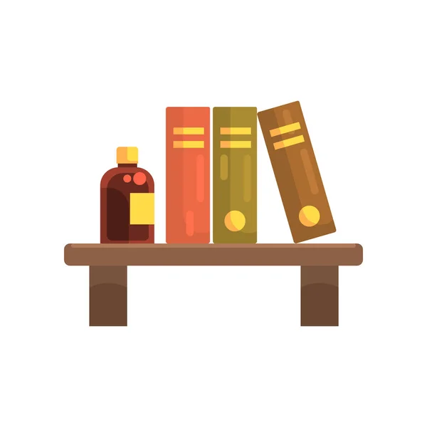 Wooden shelf in laboratory with science literature books and glass bottle with liquid. Cartoon flat vector design icon — Stock Vector