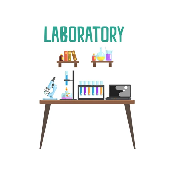 Laboratorium modern tempat kerja. Peralatan untuk percobaan ilmiah dan penelitian mikroskop, tabung uji, lampu roh, laptop. Buku dan gelas dengan cairan di rak-rak. Vektor datar terisolasi - Stok Vektor
