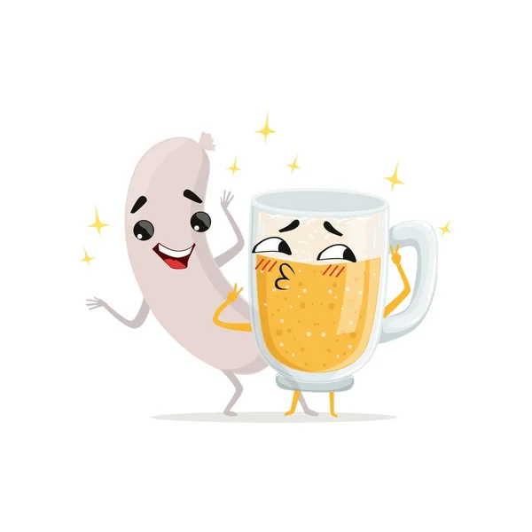 Grillad korv och mugg öl med glada ansikten. Roliga seriefigurer. Mat och dryck i platt stil — Stock vektor