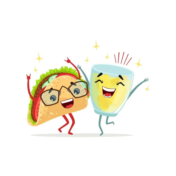 Segelas limun dan Taco karakter melompat dengan tangan ke atas. Waktunya makan siang. Vektor rata terisolasi untuk logo kafe, kartu atau stiker - Stok Vektor