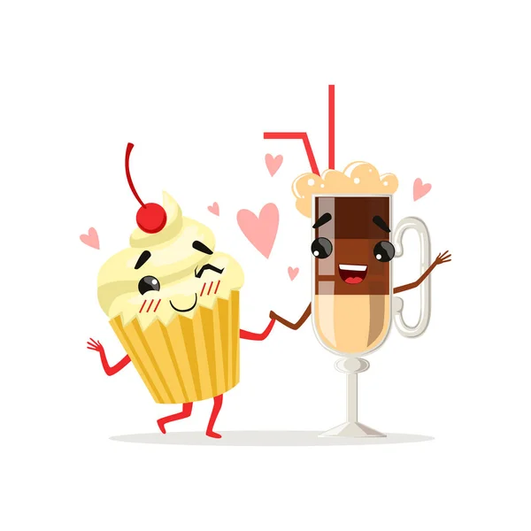 Kahve kahve ve kek kiraz üstünde tepe ile. Aşk tatlı yiyecek ve içecek karakter. Çizgi film vektör çizim düz tarzı — Stok Vektör