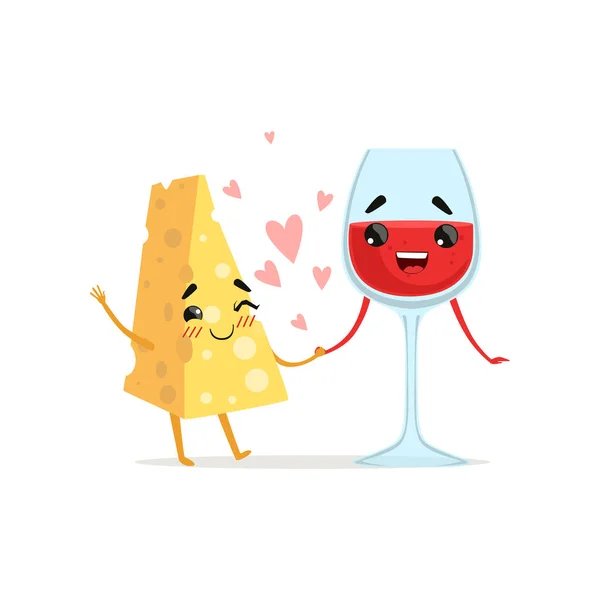 Lachende kaas en glas rode wijn door handen te houden. Verliefde paar. Eten en drinken concept. Vector illustratie tekens in vlakke stijl — Stockvector