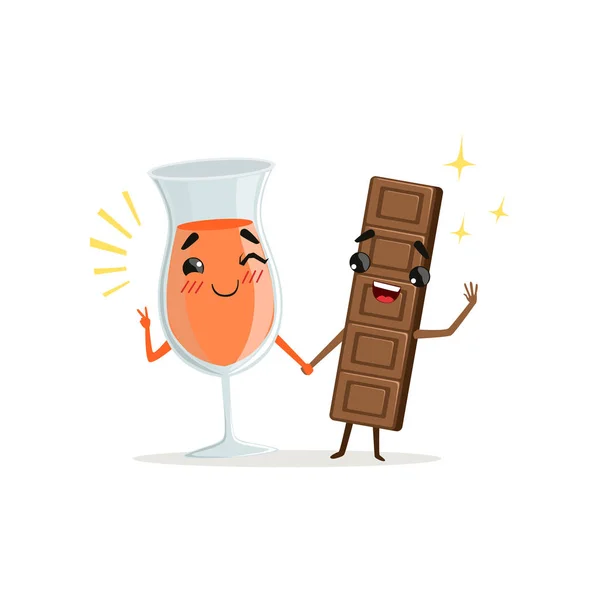 Cheerful glass of orange drink and chocolate bar holding by hands. Cartoon food and drink characters. Cute sweet couple. Flat vector illustration — Stock Vector