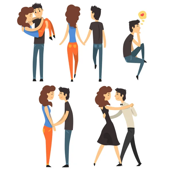 Romantic dinner dating couples set. Lovers walking, dancing, holding hands, guy carrying the girl in his arms, man thinking of love. Flat vector. — Stock Vector