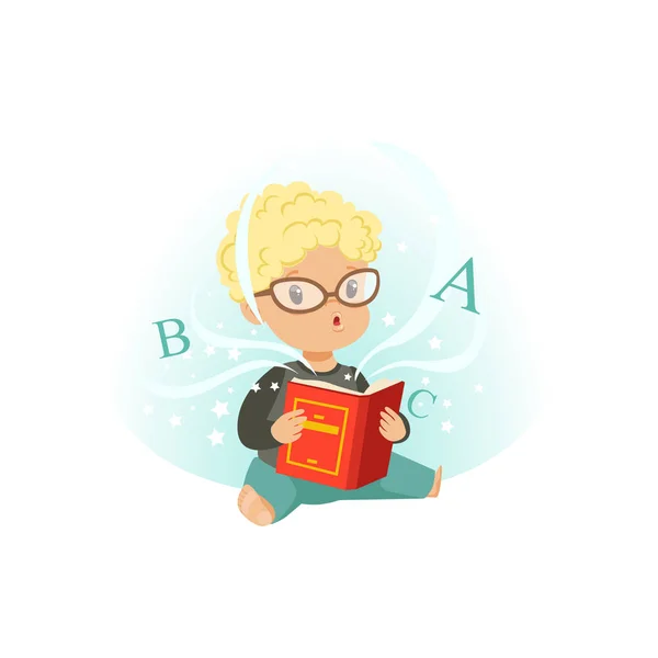 Aranyos kisfiú ül körül csillagok és oktatási mágia olvasókönyv emeleten. Rajzfilmfigura gyerek szemüveget. Elszigetelt lapos vektoros illusztráció — Stock Vector
