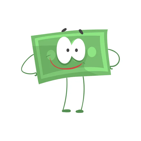 Zeichentrickfigur mit Arm und lächelndem Gesicht. Selbstbewusster grüner Dollar im flachen Stil. Finanzkräftekonzept. Vektorillustration — Stockvektor