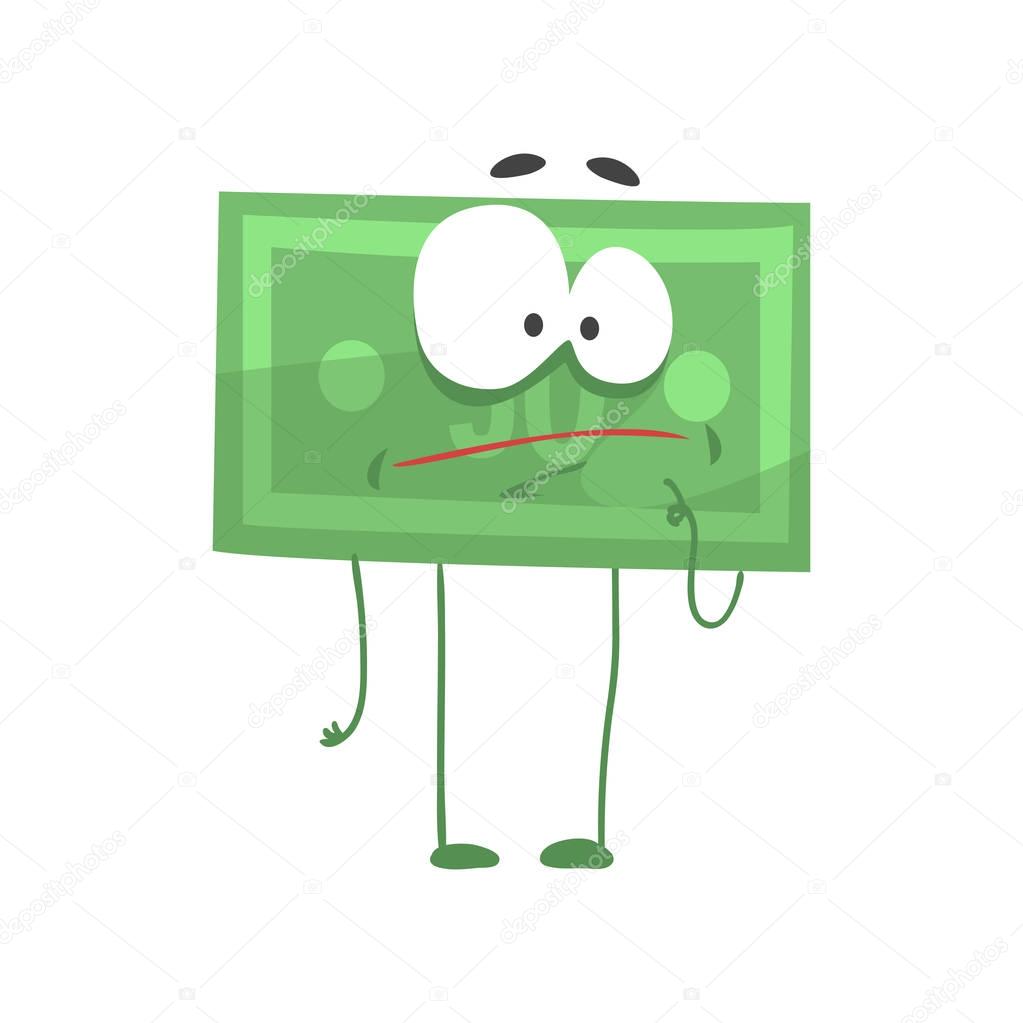 Pensive dollar character standing isolated on white background. Cartoon money with big eyes, arms and legs. Flat vector illustration for poster, card or infographic