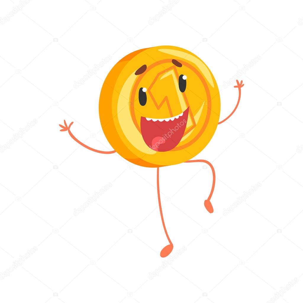 Joyful golden coin jumping with hands up. Cartoon money character with legs and arms. One cent or penny icon in flat style. Isolated vector illustration