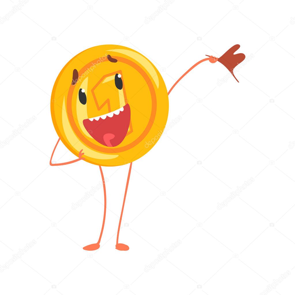 Friendly one cent character standing with flag in hand. Shiny coin icon. Cartoon penny in flat style. Money and finance concept. Vector illustration design for sticker, print, poster or mobile app.