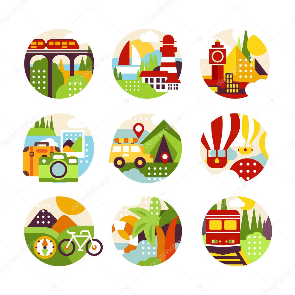 Collection of natural circle logo with landscape, city view and different types of vehicle in flat style. Colorful design elements for travel agency, infographic or label. Isolated vector illustration