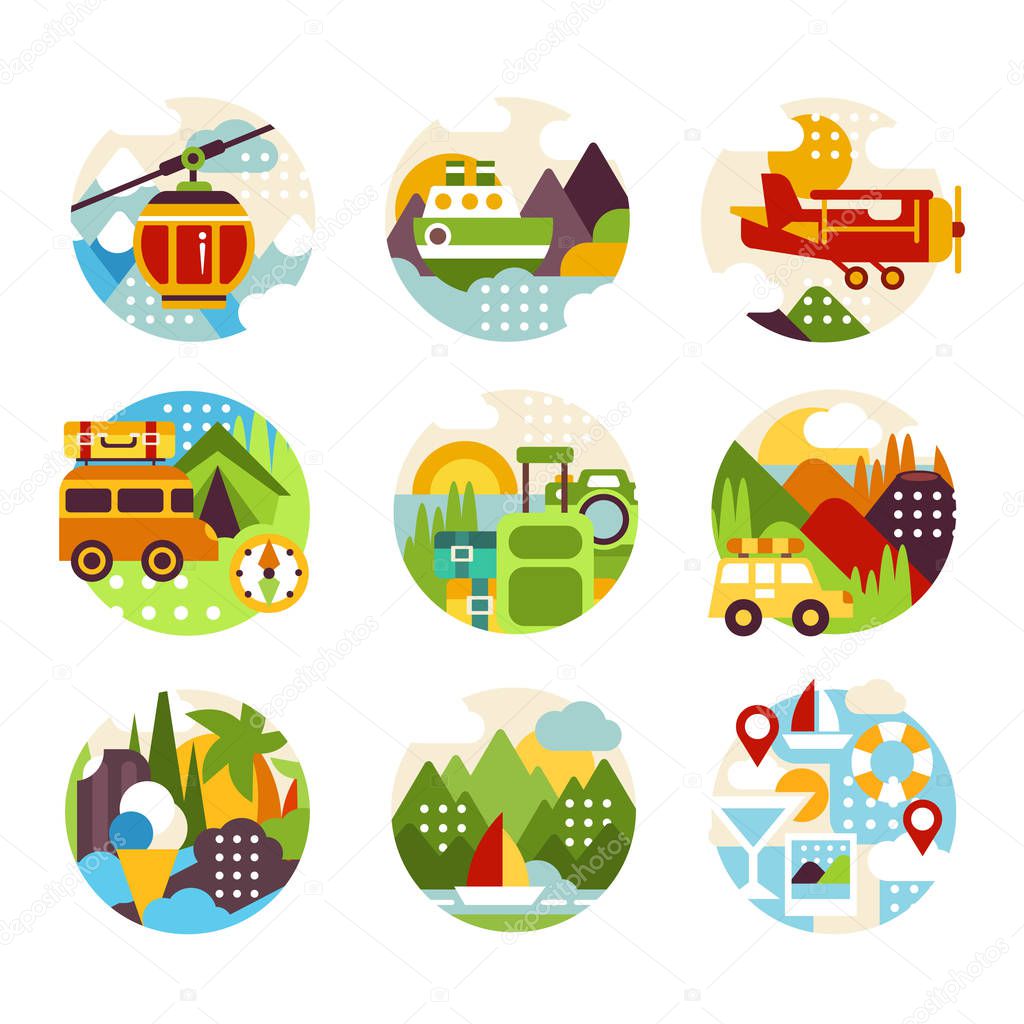 Flat natural circle logo set with various landscapes, mountains view and different types of vehicle. Entertainment concept