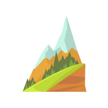 Dağ tepe üzerinde iki karlı zirveleri, yeşil çim, yatay çizgi. El çekilmiş renkli doğa tasarım öğesi. Düz izole vektör.