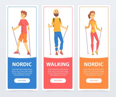 Nordic walking insanlarla afiş kümesi. Fiziksel aktivite sağlık teşvik. Genç çocuk, erkek ve kadın karakter sopa ile. Renkli düz vektör