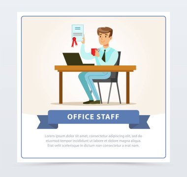 Masada oturan, Kupası holding ve elinde diploma ile onur gösterilen memnun genç adam. Office insanlar. Düz vektör çizim