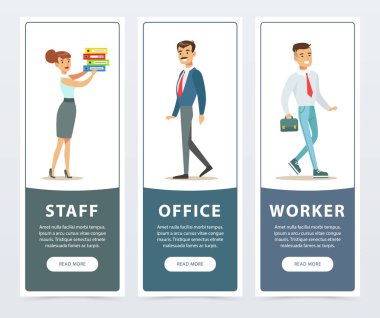 Afiş resmi giyim ofis işçi karakterlerle ayarlayın. Klasörler, evrak çantası ile çalışmak için insan mavi ceket going için yürüme çocuk tutan kız. Düz vektör