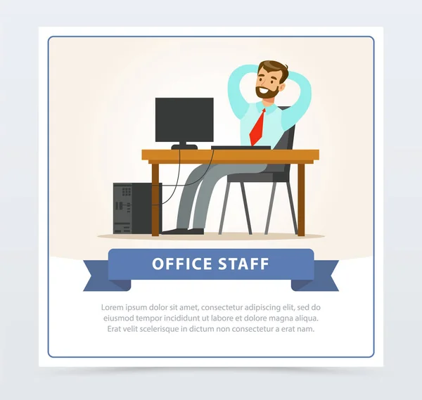 Happy bearded man character sitting at the table with computer and holding hands behind his head. Boy programmer or system administrator. Flat vector — Stock Vector