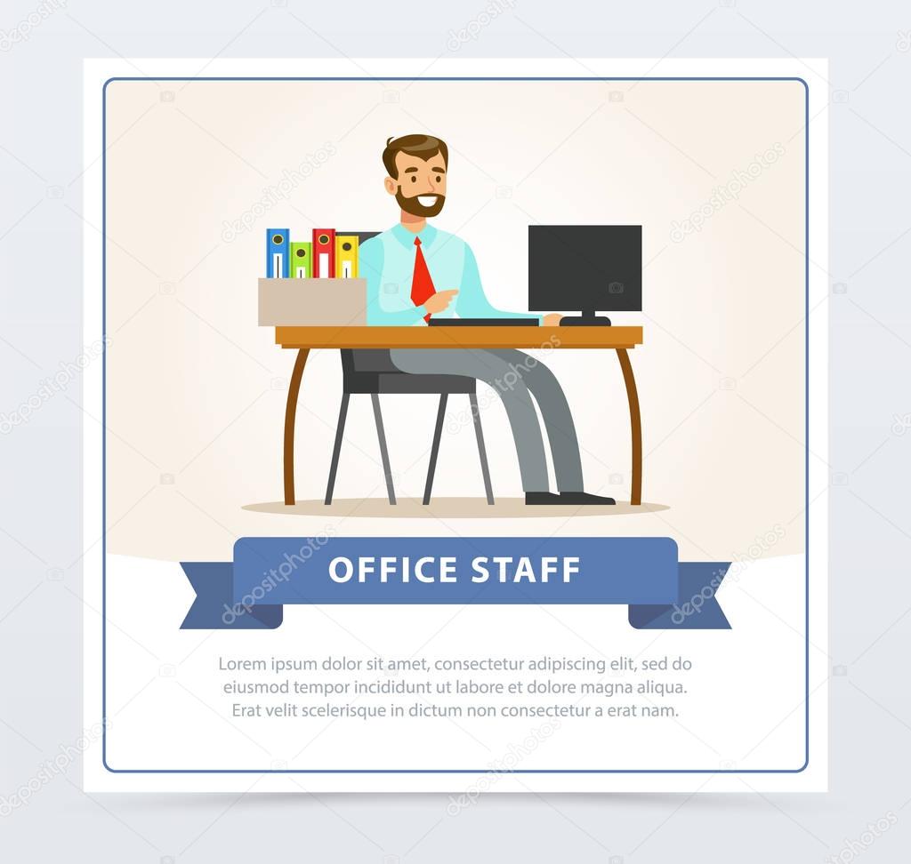 Happy bearded man in formal clothing sitting at the desk with computer and box of folders. Male clerk or businessman character. Flat vector