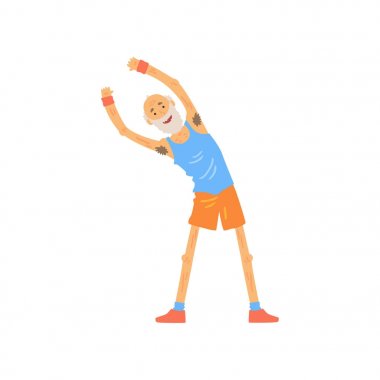 Etkin ihtiyar önce jimnastik eğitim germe. Yaşlı karakter yan yapıyor egzersiz görevini yerine getirmektedir. Sakallı Dede t-shirt ve şort. Düz vektör