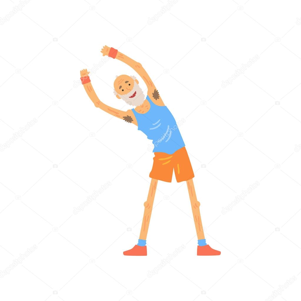 Active old man stretching before gymnastics training. Elderly character doing side bends exercise. Bearded grandfather in t-shirt and shorts. Flat vector