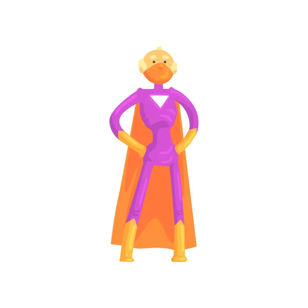 Ouderen superman permanent in heldhaftige houding met armen akimbo. Oude grootvader karakter in klassieke strips kostuum met oranje cape en masker. Geïsoleerde platte vector — Stockvector