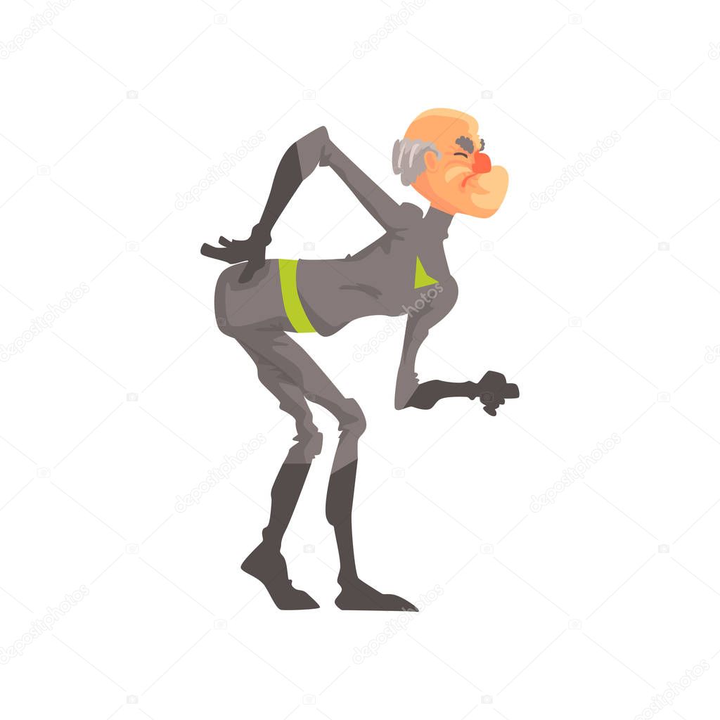 Full length portrait of elderly superhero suffering from back pain. Cartoon grandfather character dressed in classic black hero costume. Isolated flat vector