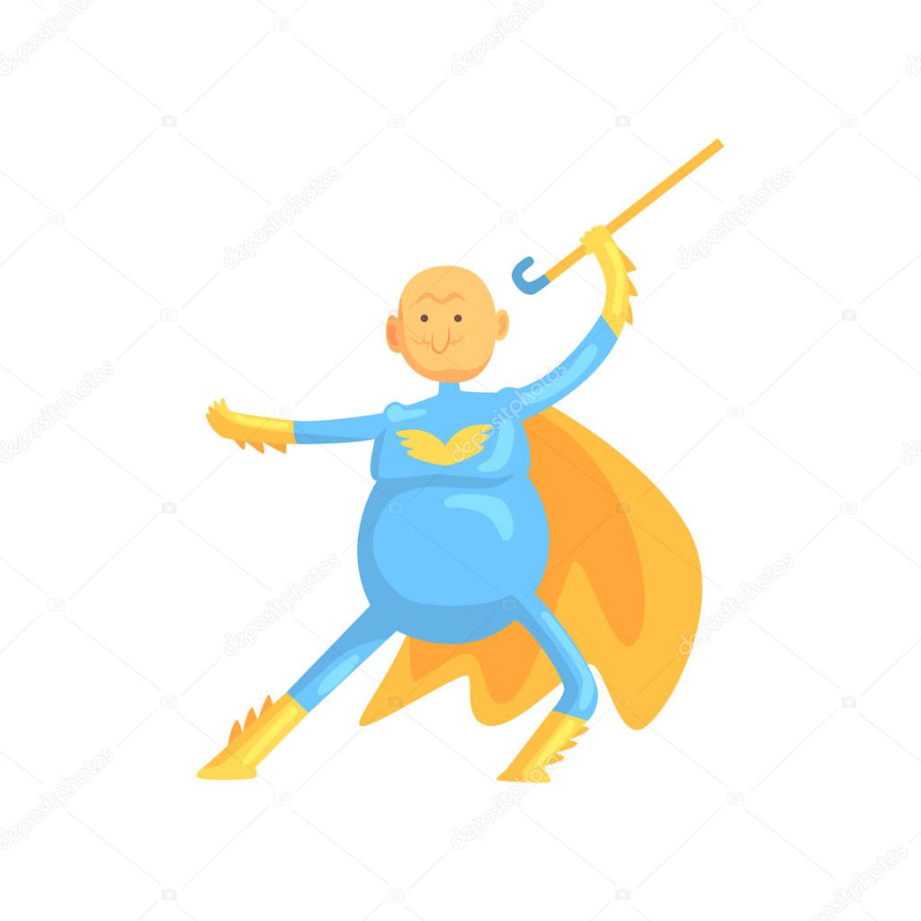 Funny character of grandfather in fighting pose. Elderly man in superhero costume with yellow cloak and walking stick in hand. Isolated flat vector