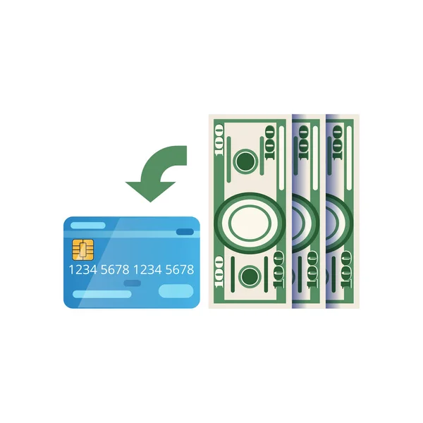 Αναπλήρωση των πλαστικών καρτών. Εικονογράφηση της πιστωτικής ή χρεωστικής κάρτας και το χάρτινο χρήμα. Επίπεδη διανυσματική σχεδίαση απομονωθεί σε λευκό — Διανυσματικό Αρχείο