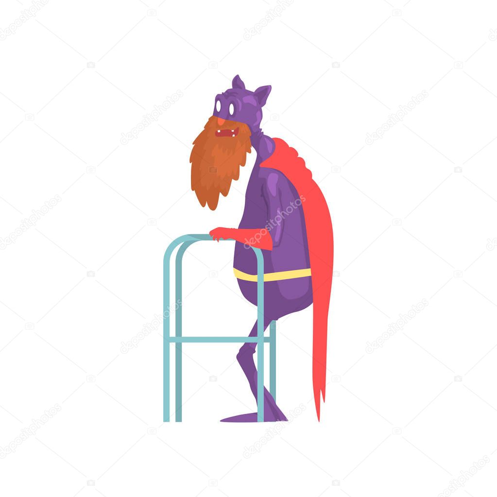 Old bearded superhero with paddle walker. Grandfather character in classic hero costume with mantle, gloves and mask with funny ears. Isolated flat vector