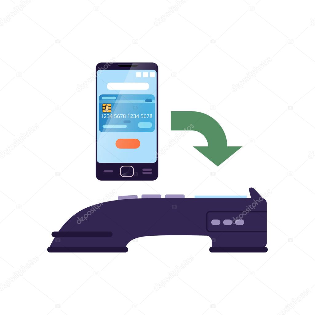 Wireless money transfer using smartphone and banking POS-terminal. Mobile payment system. Infographic design element. Isolated flat vector icon