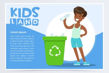 Şişe, plastik atık geri dönüşüm Infographic konsepti ile yeşil kap içine atma çocuk çocuklar arazi başlık düz vektör öğesi Web sitesi ya da hareket eden app için