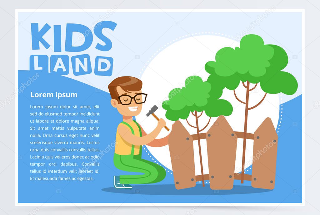 Boy repairing fence with hammer, eco concept, kids land banner flat vector element for website or mobile app with sample text