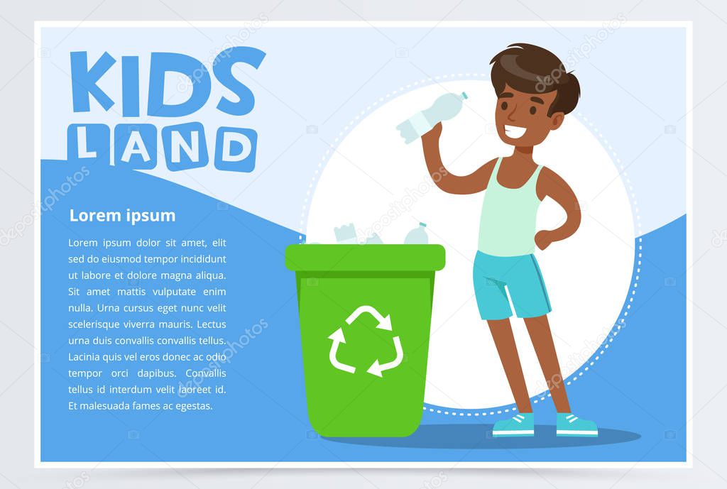 Boy throwing bottle into green container with plastic, waste recycling infographic concept, kids land banner flat vector element for website or mobile app with sample text