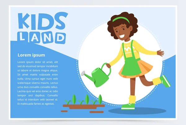 Afro-amerikai lány öntözés növények locsolókanna, környezetvédelmi koncepció, szerves kertészkedés, gyerekek földet banner lapos vektor elem részére website vagy mozgatható app — Stock Vector