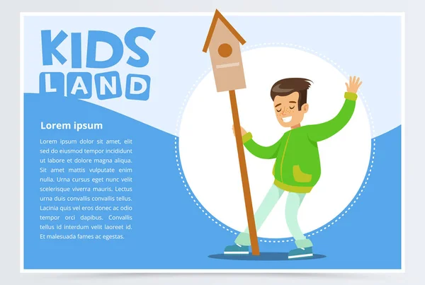 Tini fiú birdhouse, környezetvédelmi koncepció, gyerekek földet banner lapos vektor elem a weboldal vagy a mobil app — Stock Vector