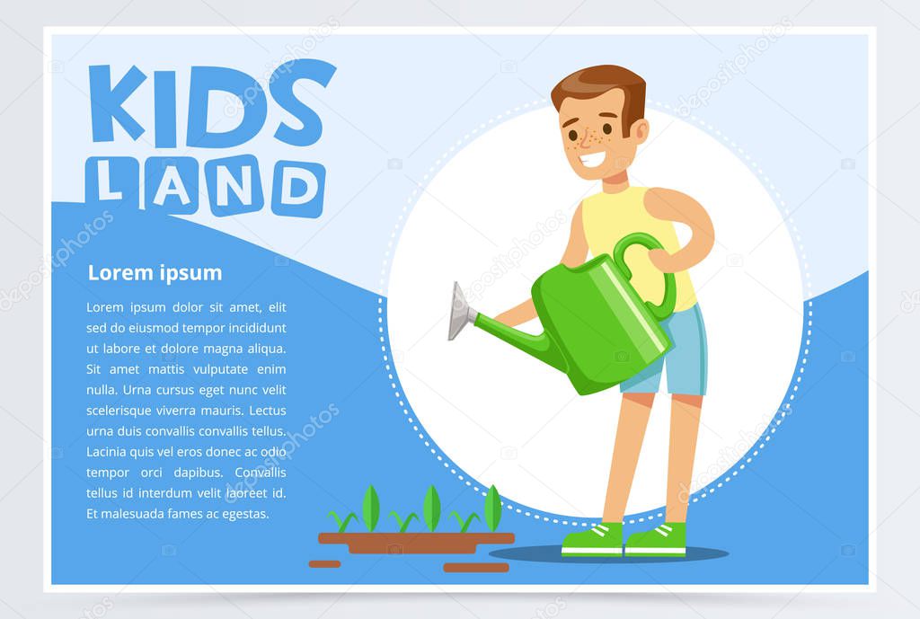 Teen boy watering plants with a watering can, eco concept, organic gardening, kids land banner flat vector element for website or mobile app with sample text