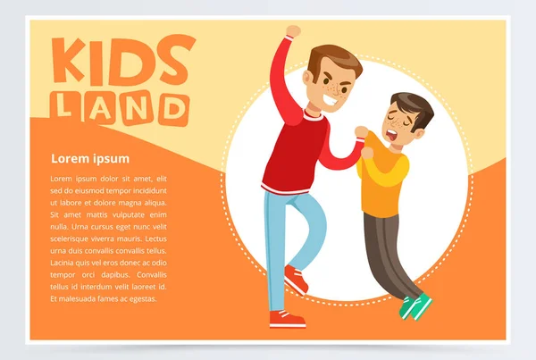 Little boy bullying by teenager, demonstration of school teenage bullying and aggression towards other child, kids land banner flat vector element for website or mobile app — Stock Vector