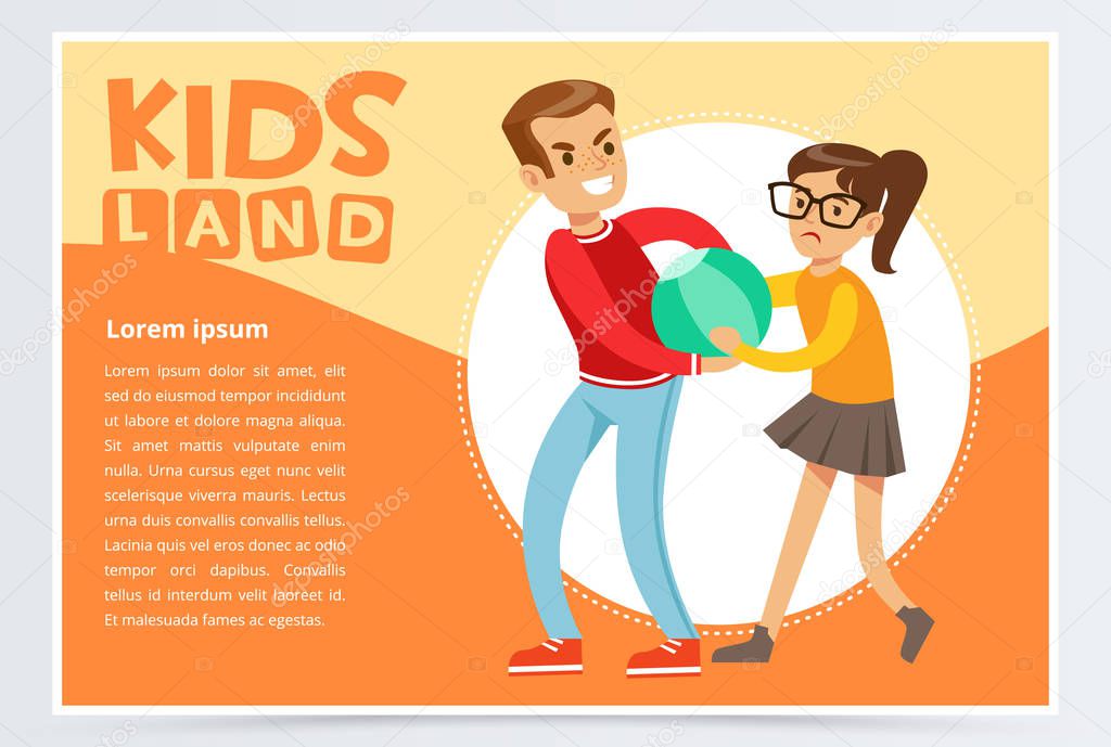 Boy bullying a girl, teen kids quarreling, aggressive behavior, kids land banner flat vector element for website or mobile app