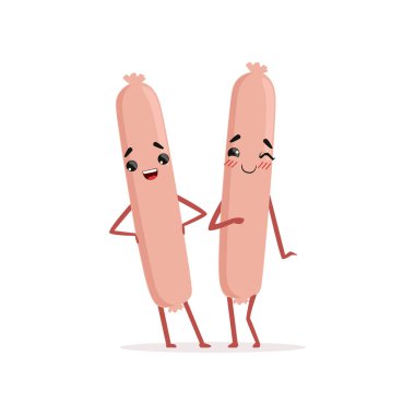 Two cute frankfurter sausages standing isolated on white background. Cartoon meat characters. Flat vector design for menu, food market or butcher store clipart