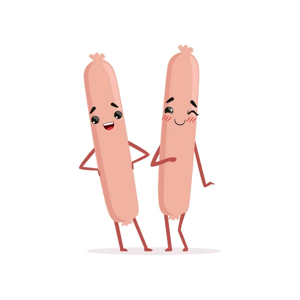 Dos salchichas frankfurter lindo de pie aislado sobre fondo blanco. Personajes de carne de dibujos animados. Diseño de vectores planos para menú, mercado de alimentos o carnicería — Vector de stock