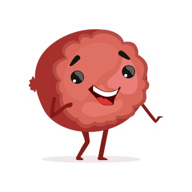 Mutlu yüz jambon komik parçası. Komik çizgi film karakteri. Lezzetli ve taze et ürün. Etiket, menü, kasap dükkanı el ilanı için tasarım. Yalıtılmış düz vektör çizim