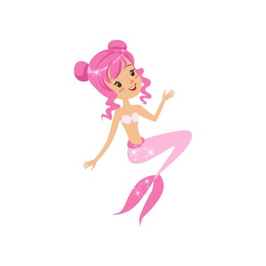 Pembe saçlı ve balık kuyruğu gülümseyen fantezi deniz kızı. Düz tarzı çizgi film efsanevi yaratık. Deniz yaşamı kavramı. İzole vektör çizim